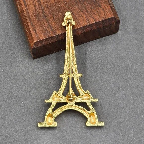 Eiffel Tower Gold Tone Rhinestone Brooch Pin 2.5" Parisian Landmark Modernist - Picture 4 of 6